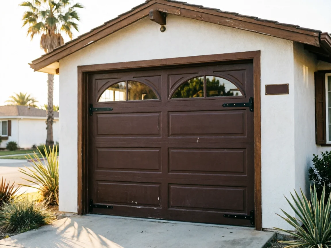 A brown garage door with arched windows and decorative hinges on a white house.