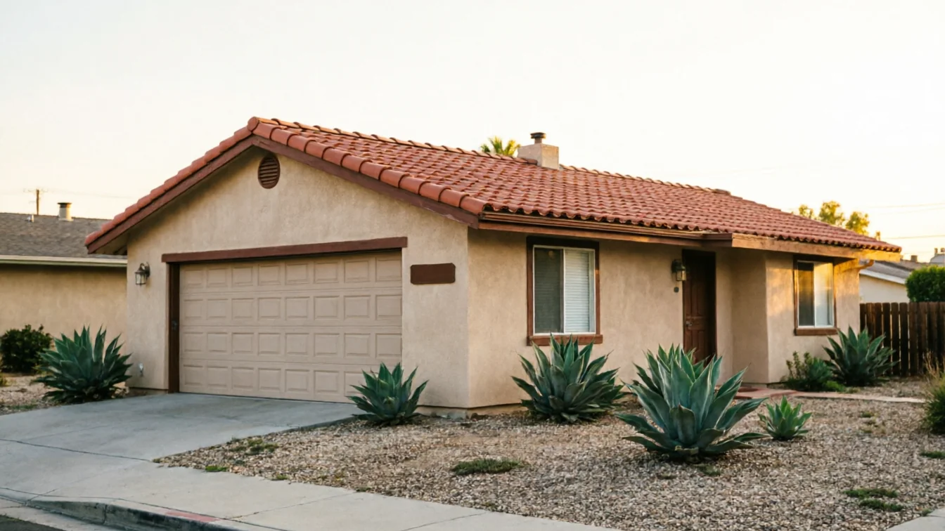 A beige house with a tan garage door and a red tile roof.