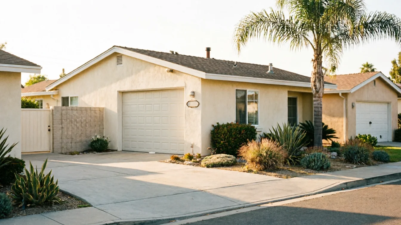 The house has a beige garage door, a palm tree, and desert landscaping.