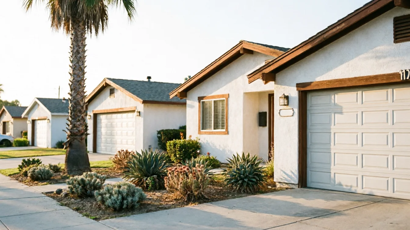 A row of three white houses with white garage doors and a palm tree.