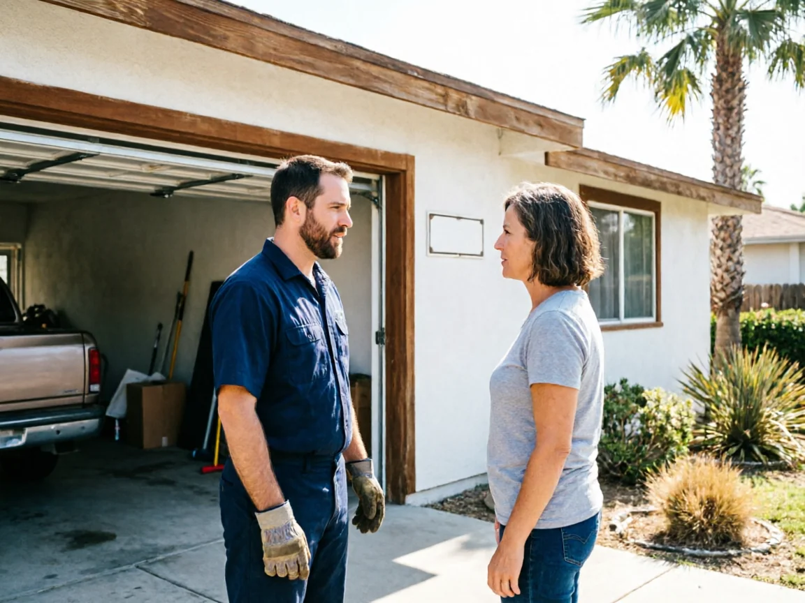 A technician in a blue uniform talks to a woman in front of a garage.