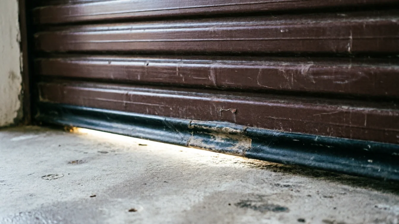 The brown garage door is slightly open, showing light underneath.